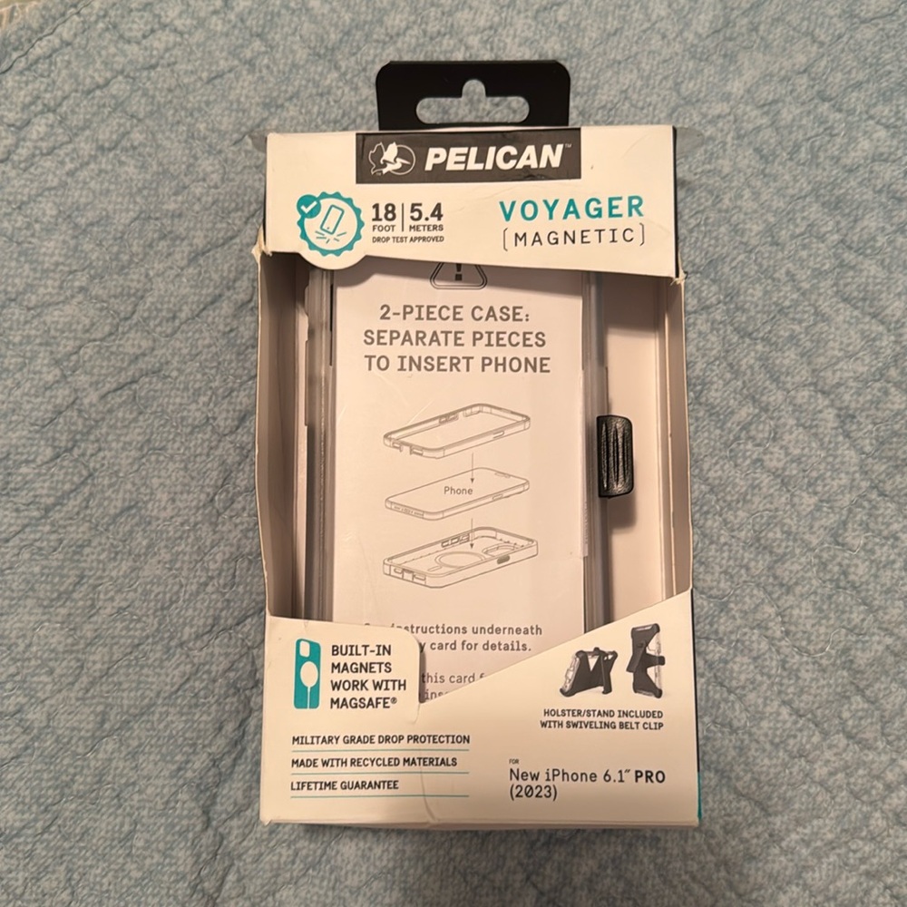 New Pelican iPhone 15 Pro case
Black holster with clear case